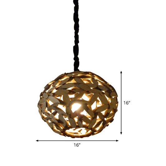 Sphere Wood Pendant Lamp Japanese 1 Head Brown Hanging Light Fixture for Bedroom Clearhalo 'Ceiling Lights' 'Pendant Lights' 'Pendants' Lighting' 369136