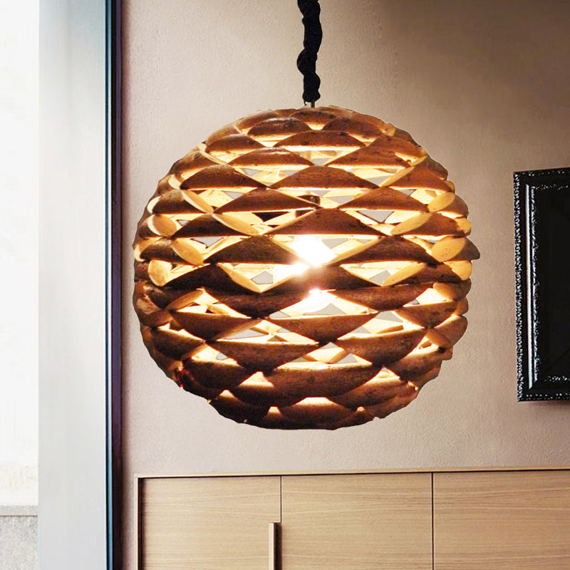 Spherical Hanging Light Asian Wood 1 Bulb Brown Pendant Lighting Fixture, 12"/14" Wide Clearhalo 'Ceiling Lights' 'Pendant Lights' 'Pendants' Lighting' 369137