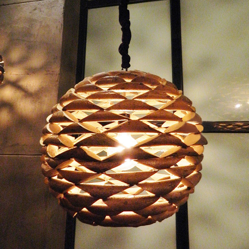 Spherical Hanging Light Asian Wood 1 Bulb Brown Pendant Lighting Fixture, 12"/14" Wide Clearhalo 'Ceiling Lights' 'Pendant Lights' 'Pendants' Lighting' 369138