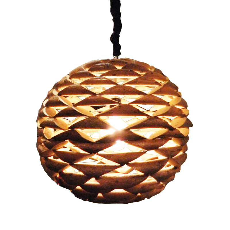 Spherical Hanging Light Asian Wood 1 Bulb Brown Pendant Lighting Fixture, 12"/14" Wide Clearhalo 'Ceiling Lights' 'Pendant Lights' 'Pendants' Lighting' 369139