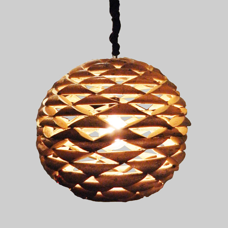 Spherical Hanging Light Asian Wood 1 Bulb Brown Pendant Lighting Fixture, 12"/14" Wide Clearhalo 'Ceiling Lights' 'Pendant Lights' 'Pendants' Lighting' 369140