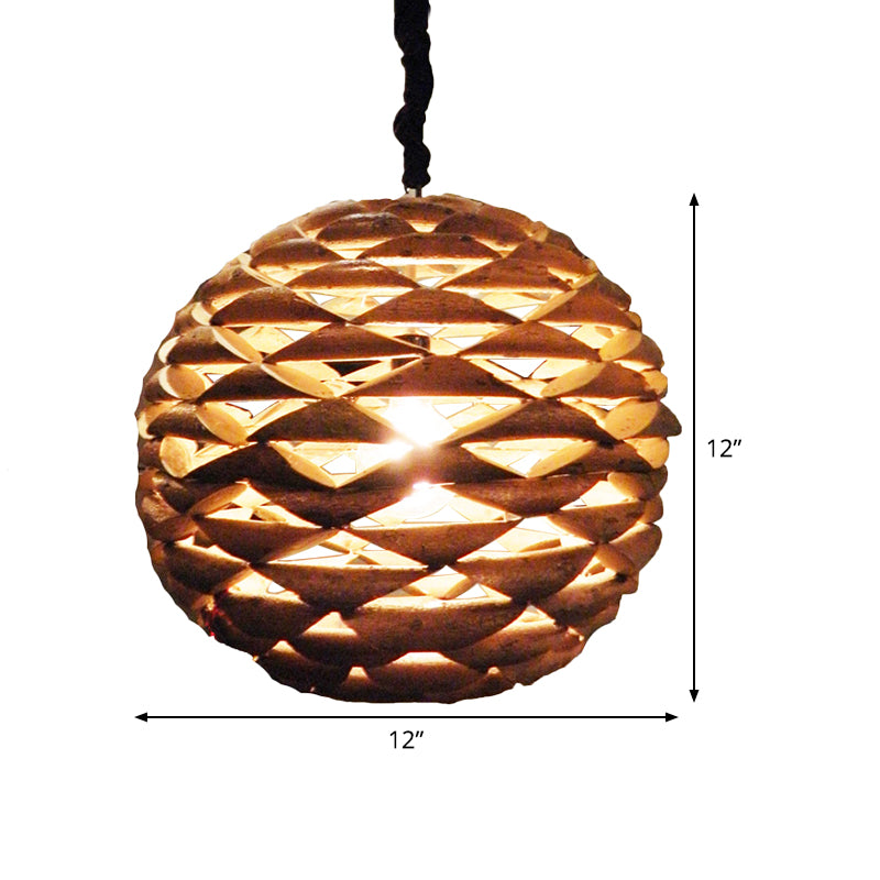 Spherical Hanging Light Asian Wood 1 Bulb Brown Pendant Lighting Fixture, 12"/14" Wide Clearhalo 'Ceiling Lights' 'Pendant Lights' 'Pendants' Lighting' 369141