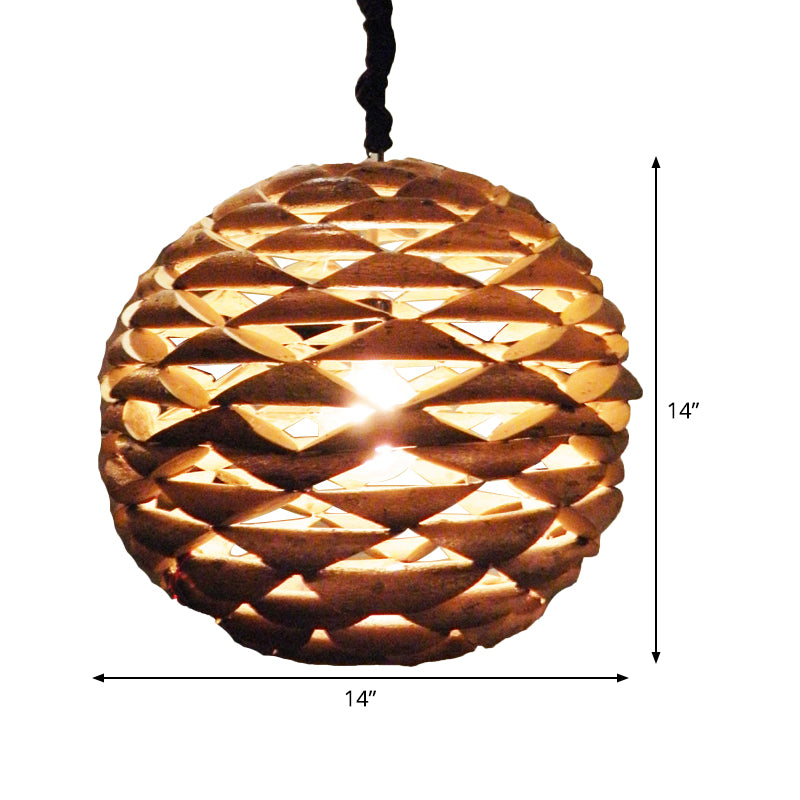 Spherical Hanging Light Asian Wood 1 Bulb Brown Pendant Lighting Fixture, 12"/14" Wide Clearhalo 'Ceiling Lights' 'Pendant Lights' 'Pendants' Lighting' 369142