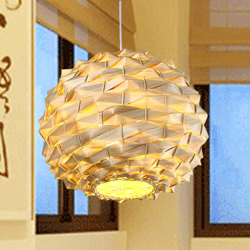 Round Ceiling Lamp Chinese Bamboo 11"/15" Wide 1 Bulb Beige Suspended Lighting Fixture Clearhalo 'Ceiling Lights' 'Pendant Lights' 'Pendants' Lighting' 369143