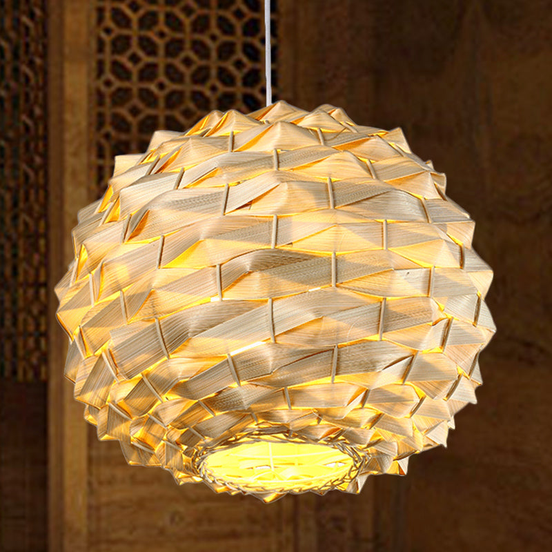 Round Ceiling Lamp Chinese Bamboo 11"/15" Wide 1 Bulb Beige Suspended Lighting Fixture Clearhalo 'Ceiling Lights' 'Pendant Lights' 'Pendants' Lighting' 369144