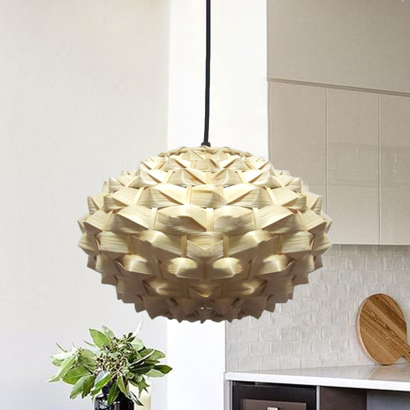 Lantern Hanging Lamp Asian Bamboo 1 Bulb Beige Pendant Lighting Fixture, 12"/16" Wide Clearhalo 'Ceiling Lights' 'Pendant Lights' 'Pendants' Lighting' 369149