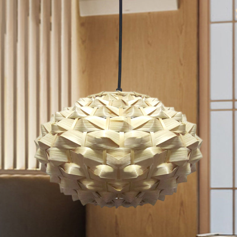 Lantern Hanging Lamp Asian Bamboo 1 Bulb Beige Pendant Lighting Fixture, 12"/16" Wide Clearhalo 'Ceiling Lights' 'Pendant Lights' 'Pendants' Lighting' 369150