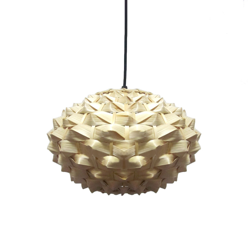 Lantern Hanging Lamp Asian Bamboo 1 Bulb Beige Pendant Lighting Fixture, 12"/16" Wide Clearhalo 'Ceiling Lights' 'Pendant Lights' 'Pendants' Lighting' 369151