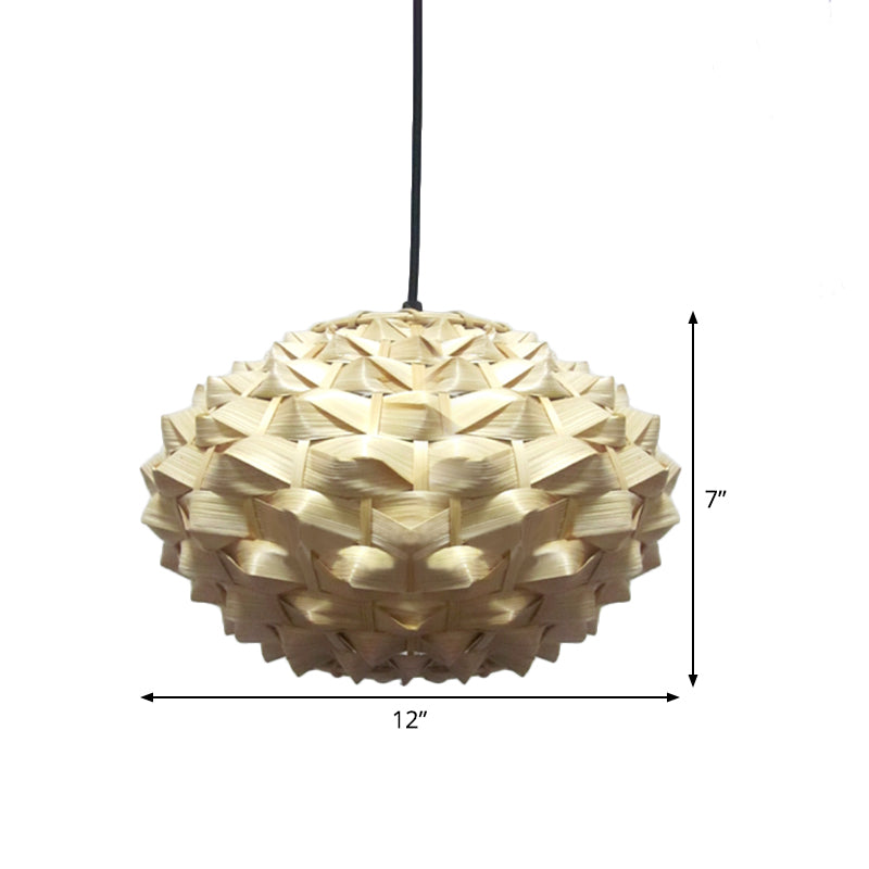 Lantern Hanging Lamp Asian Bamboo 1 Bulb Beige Pendant Lighting Fixture, 12"/16" Wide Clearhalo 'Ceiling Lights' 'Pendant Lights' 'Pendants' Lighting' 369153