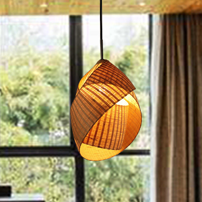 Bamboo Twist Pendant Lamp Chinese 1 Bulb Flaxen Ceiling Hanging Light for Bedroom Clearhalo 'Ceiling Lights' 'Pendant Lights' 'Pendants' Lighting' 369192