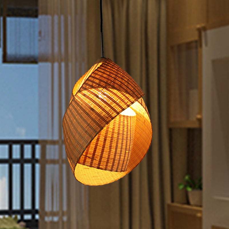 Bamboo Twist Pendant Lamp Chinese 1 Bulb Flaxen Ceiling Hanging Light for Bedroom Clearhalo 'Ceiling Lights' 'Pendant Lights' 'Pendants' Lighting' 369193