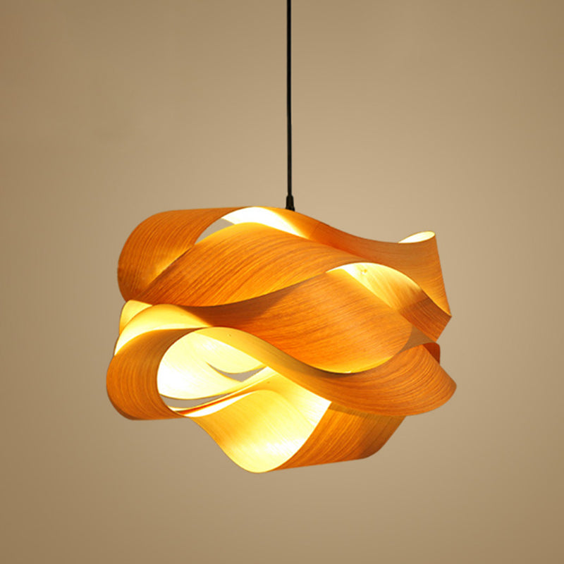 Twist Hanging Light Chinese Wood 1 Bulb 18"/23.5" Wide Beige Suspended Lighting Fixture Clearhalo 'Ceiling Lights' 'Pendant Lights' 'Pendants' Lighting' 369221