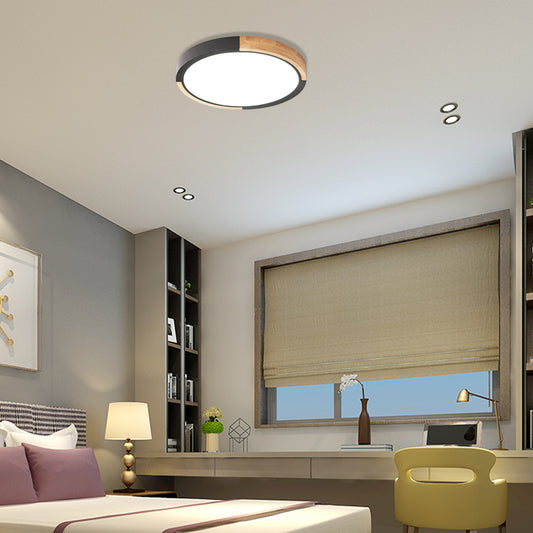 Nordic Style LED Ceiling Flush Black/Pink/White and Wood Splicing Disc Flush Mount Lighting with Acrylic Shade, Warm/White Light Black Clearhalo 'Ceiling Lights' 'Close To Ceiling Lights' 'Close to ceiling' 'Flush mount' Lighting' 369248