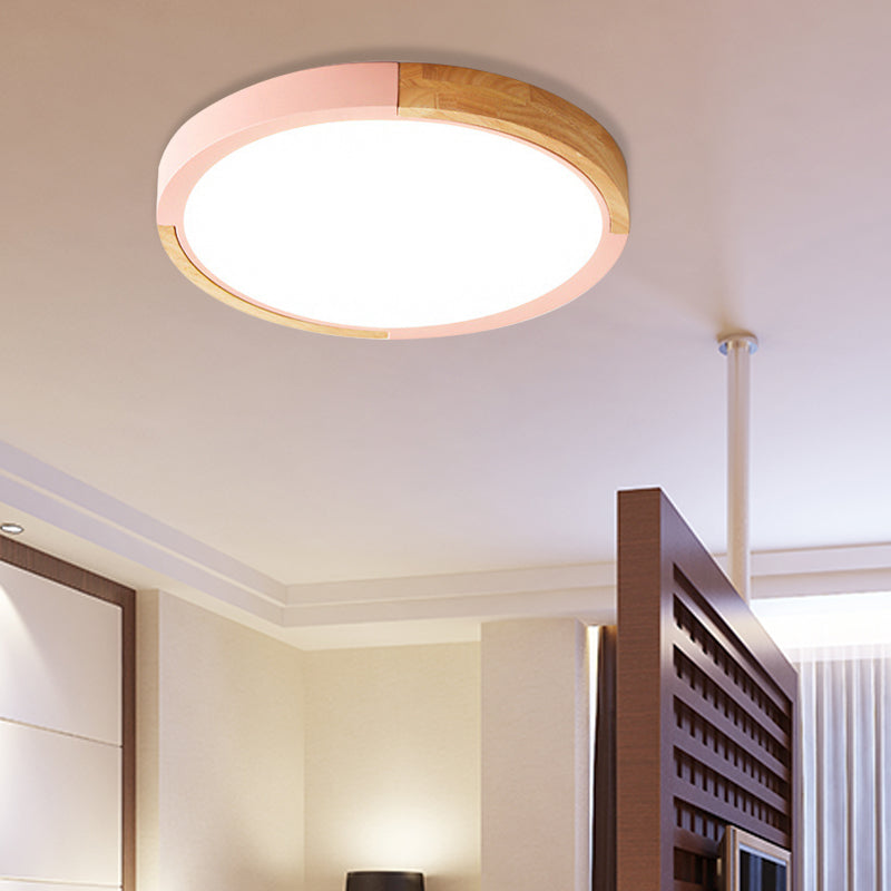 Nordic Style LED Ceiling Flush Black/Pink/White and Wood Splicing Disc Flush Mount Lighting with Acrylic Shade, Warm/White Light Pink Clearhalo 'Ceiling Lights' 'Close To Ceiling Lights' 'Close to ceiling' 'Flush mount' Lighting' 369251