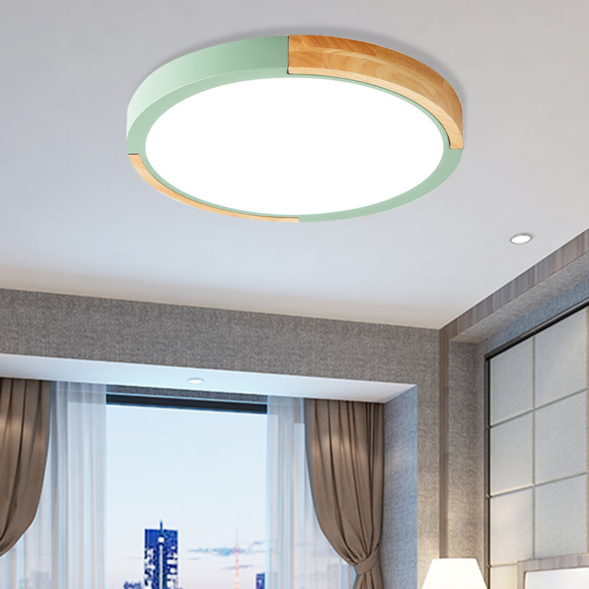 Nordic Style LED Ceiling Flush Black/Pink/White and Wood Splicing Disc Flush Mount Lighting with Acrylic Shade, Warm/White Light Green Clearhalo 'Ceiling Lights' 'Close To Ceiling Lights' 'Close to ceiling' 'Flush mount' Lighting' 369254