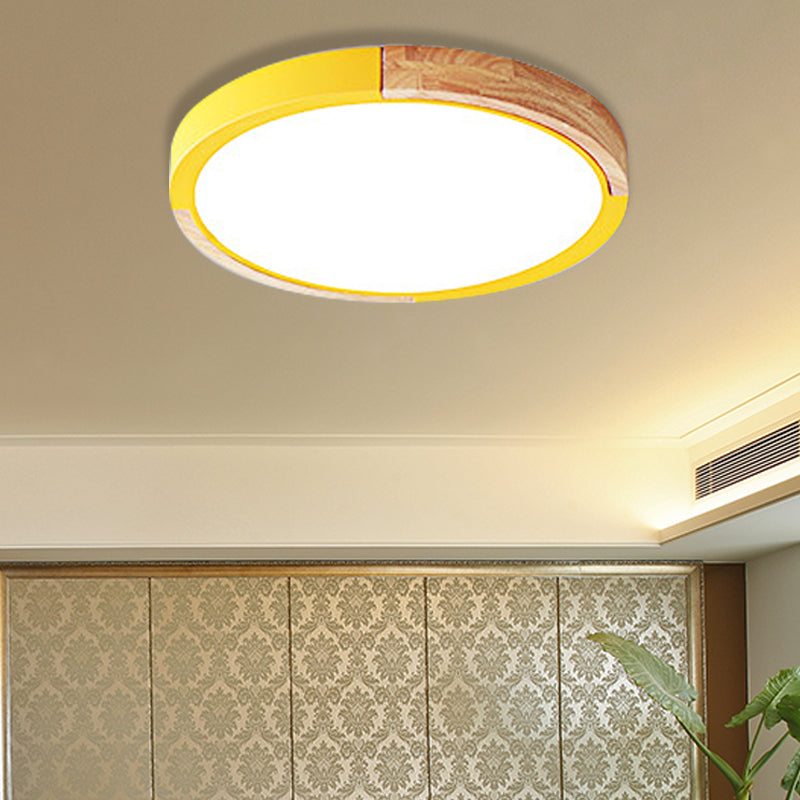 Nordic Style LED Ceiling Flush Black/Pink/White and Wood Splicing Disc Flush Mount Lighting with Acrylic Shade, Warm/White Light Yellow Clearhalo 'Ceiling Lights' 'Close To Ceiling Lights' 'Close to ceiling' 'Flush mount' Lighting' 369257