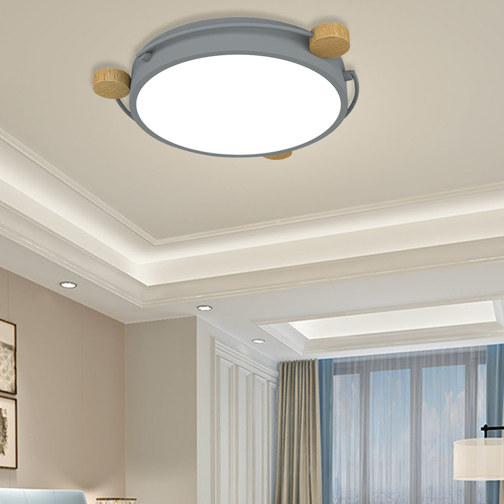 Nordic Orbital Thin Ceiling Fixture Iron Bedroom 16"/19.5"/23.5" Wide LED Flush Mount Lamp in Green/Grey/White-Wood Grey 19.5" Clearhalo 'Ceiling Lights' 'Close To Ceiling Lights' 'Close to ceiling' 'Flush mount' Lighting' 369412