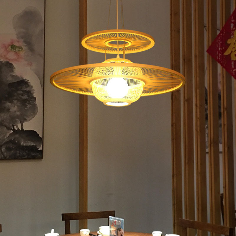1 Head Restaurant Hanging Lamp Asian Beige Ceiling Pendant Light with Round Bamboo Shade Clearhalo 'Ceiling Lights' 'Pendant Lights' 'Pendants' Lighting' 369786
