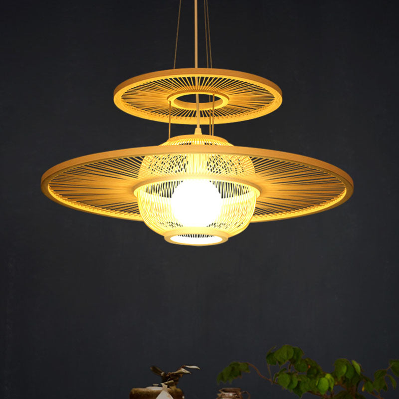 1 Head Restaurant Hanging Lamp Asian Beige Ceiling Pendant Light with Round Bamboo Shade Clearhalo 'Ceiling Lights' 'Pendant Lights' 'Pendants' Lighting' 369787