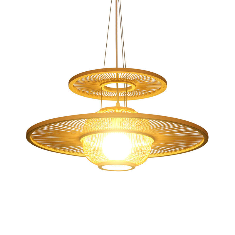 1 Head Restaurant Hanging Lamp Asian Beige Ceiling Pendant Light with Round Bamboo Shade Clearhalo 'Ceiling Lights' 'Pendant Lights' 'Pendants' Lighting' 369789