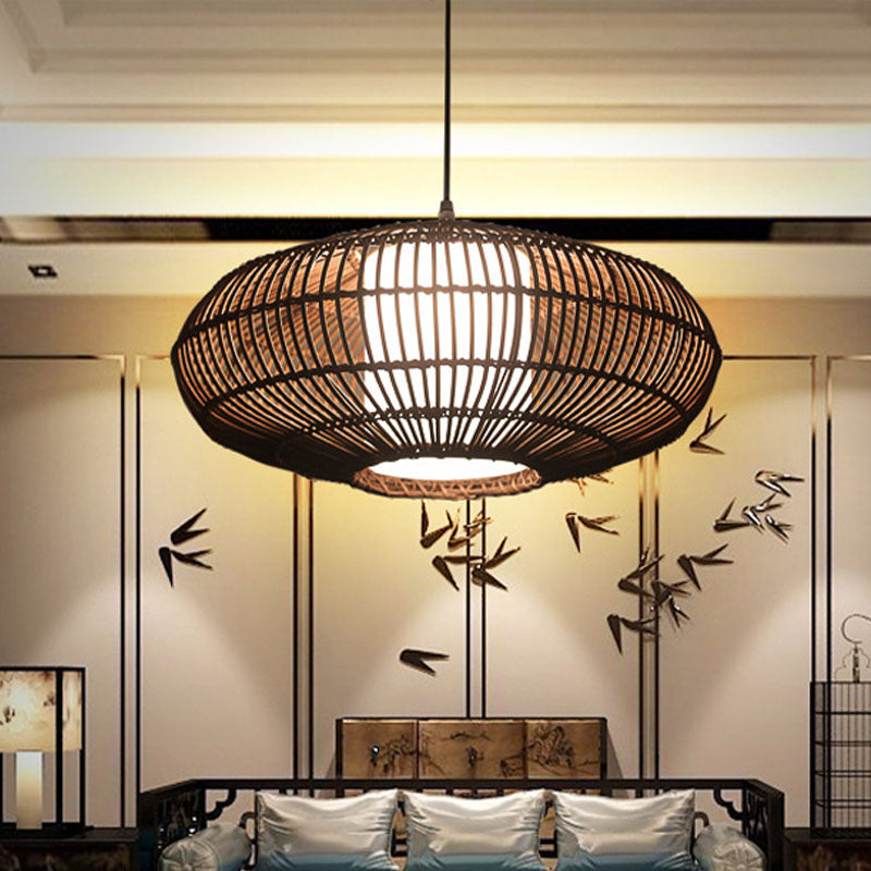 Lantern Pendant Lamp Asia Bamboo 1 Bulb Coffee Ceiling Hanging Light with Inner Tube White Acrylic Shade Clearhalo 'Ceiling Lights' 'Pendant Lights' 'Pendants' Lighting' 369802