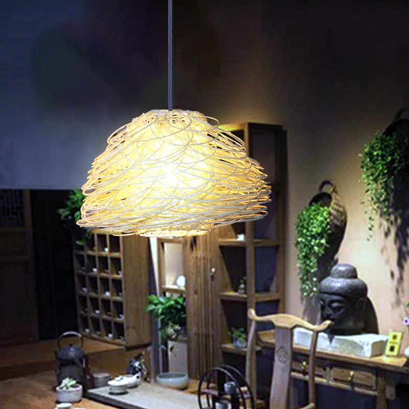 1 Bulb Tearoom Hanging Lamp Asian White Pendant Light Fixture with Domed Rattan Shade White Clearhalo 'Ceiling Lights' 'Pendant Lights' 'Pendants' Lighting' 369806_c32f6a48-5faa-4b75-a65b-45cc2e12c499
