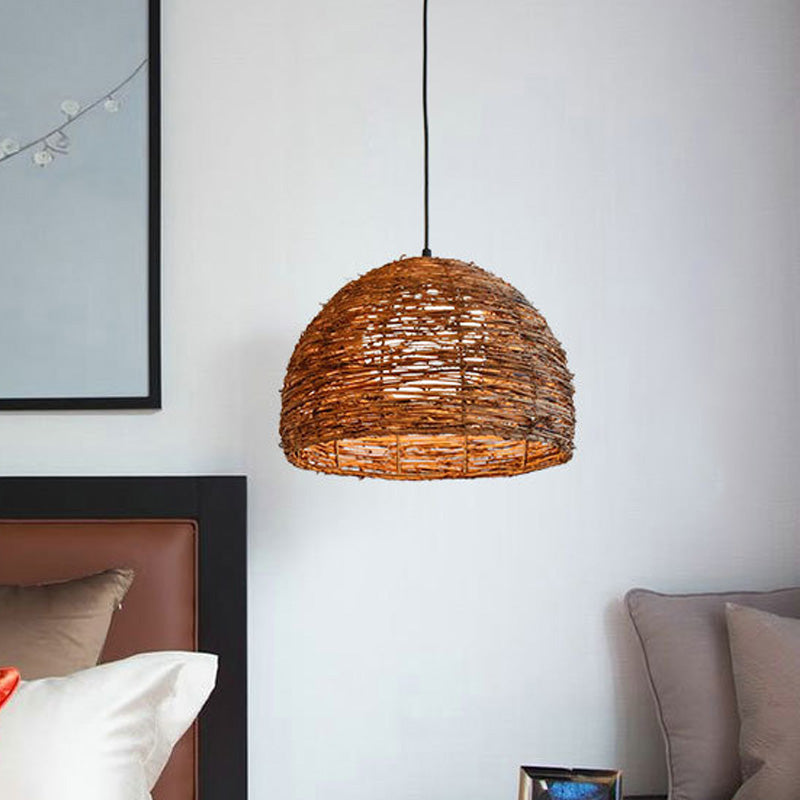 Dome Rattan Ceiling Lamp Chinese 1 Bulb Brown Hanging Light Fixture with Ball White Glass Shade Clearhalo 'Ceiling Lights' 'Pendant Lights' 'Pendants' Lighting' 369811