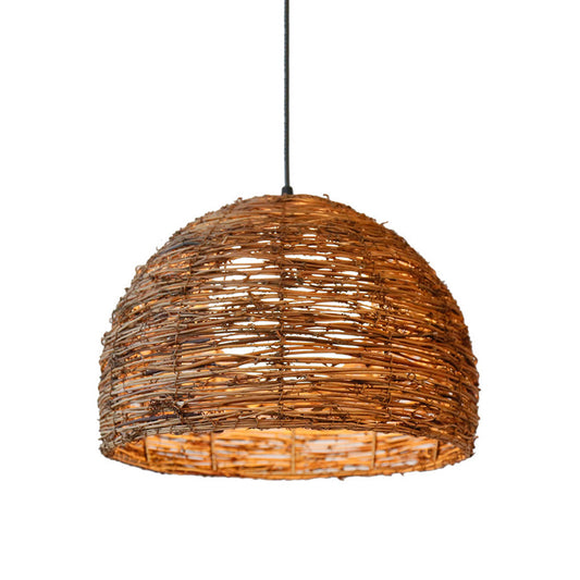 Dome Rattan Ceiling Lamp Chinese 1 Bulb Brown Hanging Light Fixture with Ball White Glass Shade Clearhalo 'Ceiling Lights' 'Pendant Lights' 'Pendants' Lighting' 369814