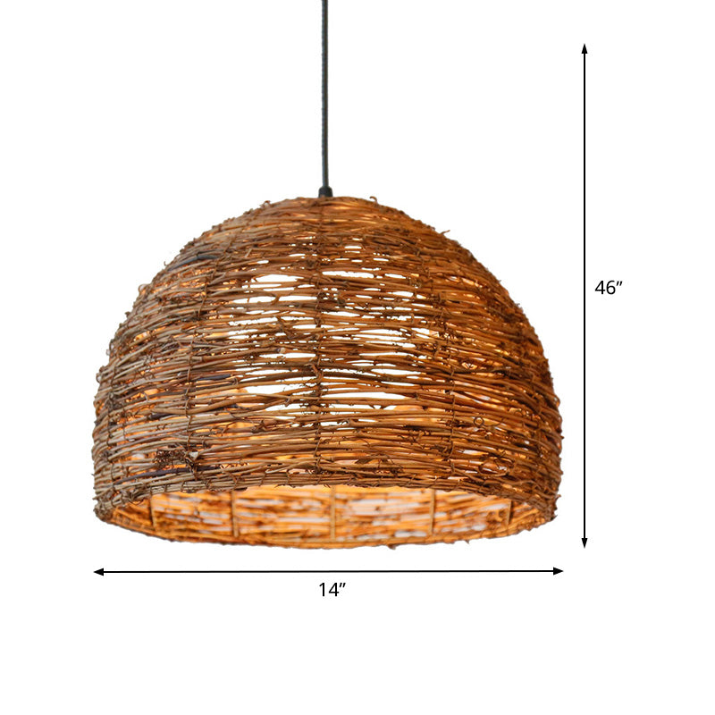 Dome Rattan Ceiling Lamp Chinese 1 Bulb Brown Hanging Light Fixture with Ball White Glass Shade Clearhalo 'Ceiling Lights' 'Pendant Lights' 'Pendants' Lighting' 369815