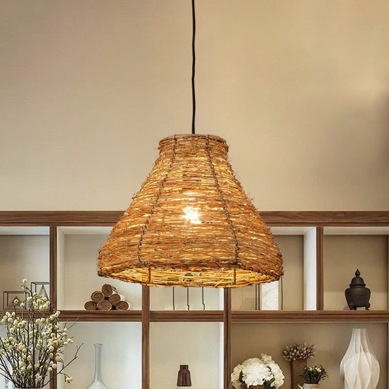 Bamboo Bell Hanging Light Chinese 1 Head Flaxen Pendant Lighting Fixture for Dining Room Clearhalo 'Ceiling Lights' 'Pendant Lights' 'Pendants' Lighting' 369817