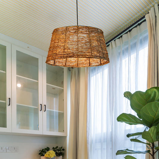 Flare Pendant Light Asian Rattan 1 Head Brown Ceiling Suspension Lamp with Orb Milk Glass Shade Clearhalo 'Ceiling Lights' 'Pendant Lights' 'Pendants' Lighting' 369821