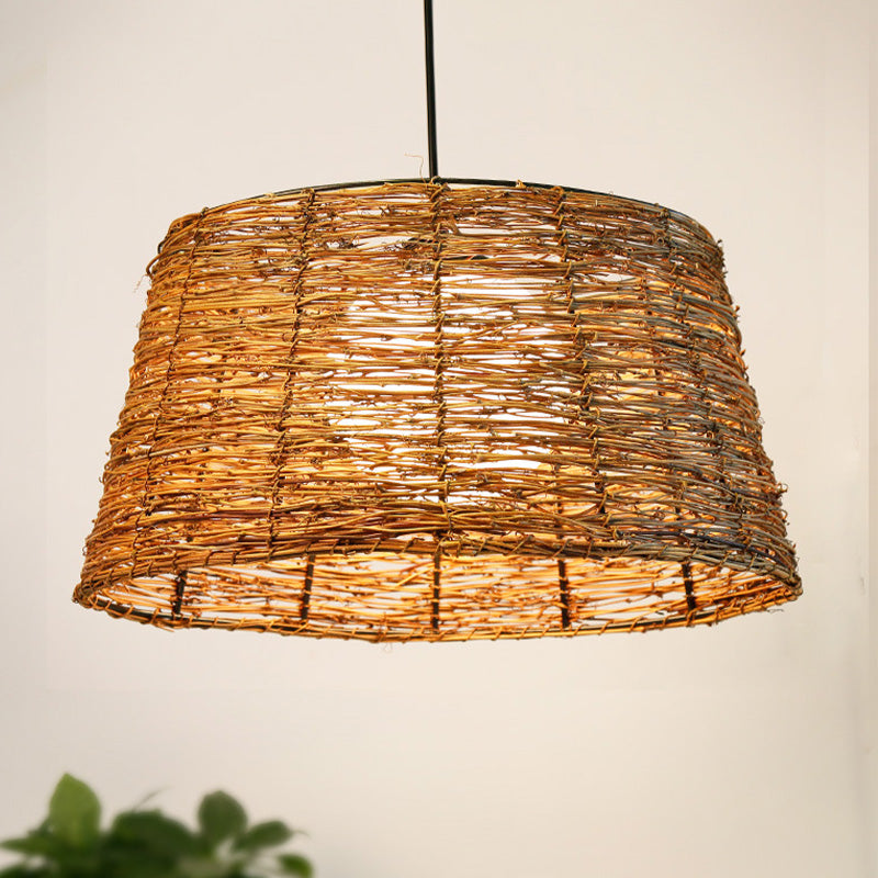 Flare Pendant Light Asian Rattan 1 Head Brown Ceiling Suspension Lamp with Orb Milk Glass Shade Clearhalo 'Ceiling Lights' 'Pendant Lights' 'Pendants' Lighting' 369822