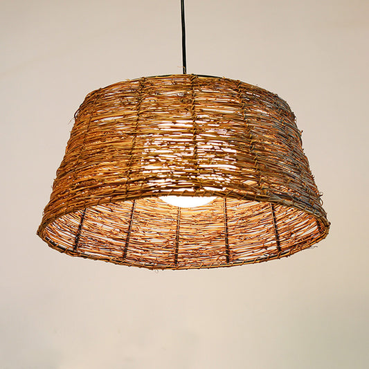 Flare Pendant Light Asian Rattan 1 Head Brown Ceiling Suspension Lamp with Orb Milk Glass Shade Clearhalo 'Ceiling Lights' 'Pendant Lights' 'Pendants' Lighting' 369824