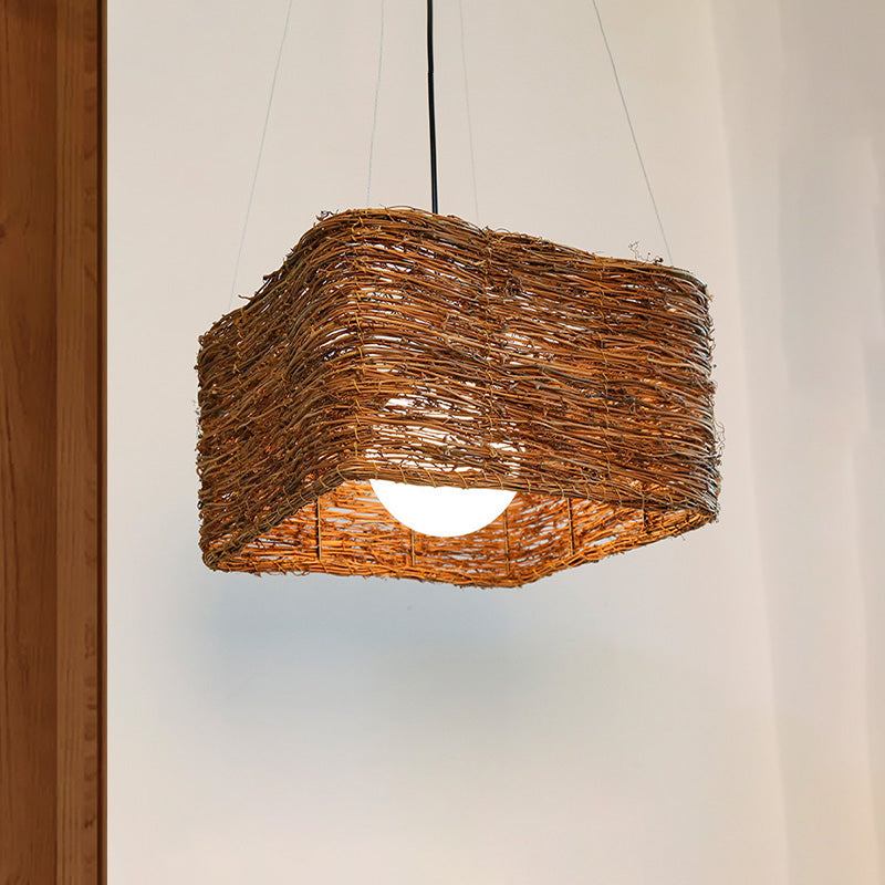 1 Head Rectangular Pendant Light Japanese Rattan Suspended Lighting Fixture in Brown Clearhalo 'Ceiling Lights' 'Pendant Lights' 'Pendants' Lighting' 369826