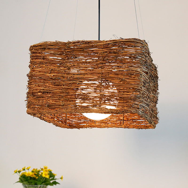 1 Head Rectangular Pendant Light Japanese Rattan Suspended Lighting Fixture in Brown Clearhalo 'Ceiling Lights' 'Pendant Lights' 'Pendants' Lighting' 369827