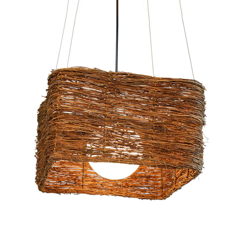 1 Head Rectangular Pendant Light Japanese Rattan Suspended Lighting Fixture in Brown Clearhalo 'Ceiling Lights' 'Pendant Lights' 'Pendants' Lighting' 369828