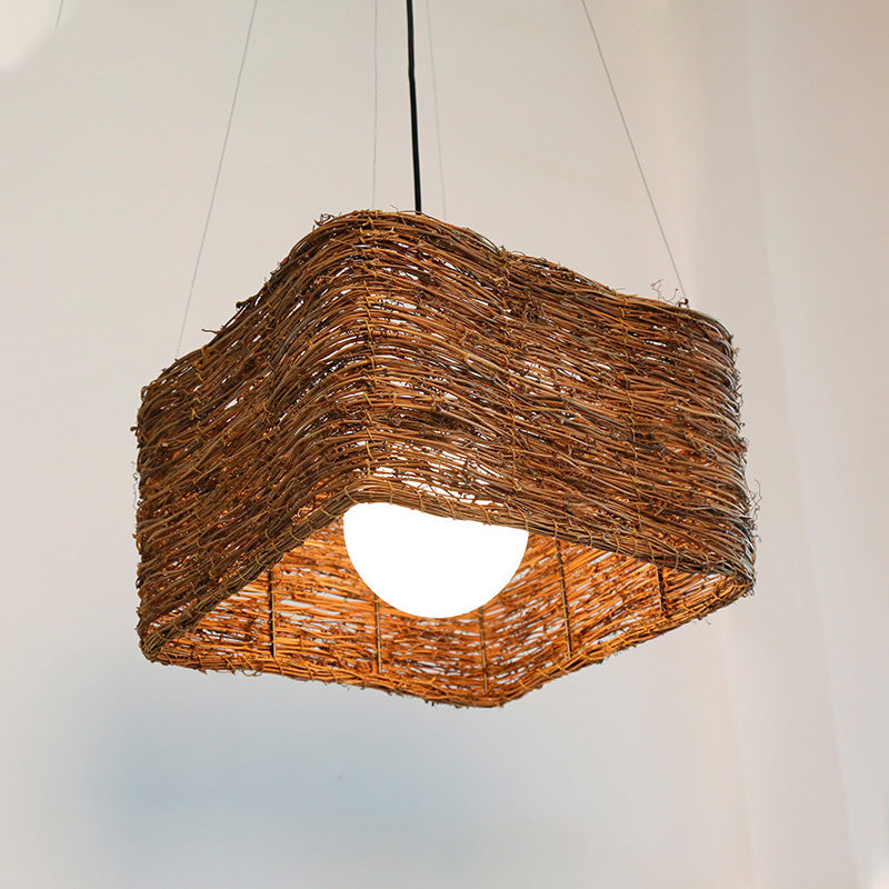 1 Head Rectangular Pendant Light Japanese Rattan Suspended Lighting Fixture in Brown Clearhalo 'Ceiling Lights' 'Pendant Lights' 'Pendants' Lighting' 369829