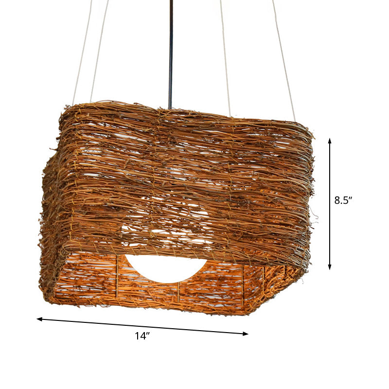 1 Head Rectangular Pendant Light Japanese Rattan Suspended Lighting Fixture in Brown Clearhalo 'Ceiling Lights' 'Pendant Lights' 'Pendants' Lighting' 369830