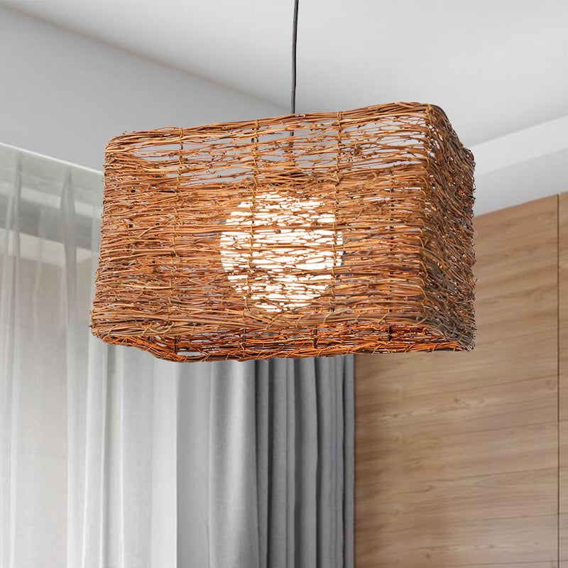 Chinese 1 Bulb Hanging Lamp Brown Rectangle Pendant Lighting Fixture with Rattan Shade Clearhalo 'Ceiling Lights' 'Pendant Lights' 'Pendants' Lighting' 369831