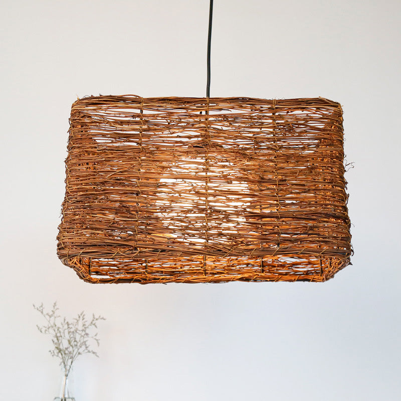 Chinese 1 Bulb Hanging Lamp Brown Rectangle Pendant Lighting Fixture with Rattan Shade Clearhalo 'Ceiling Lights' 'Pendant Lights' 'Pendants' Lighting' 369832