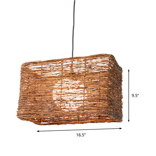 Chinese 1 Bulb Hanging Lamp Brown Rectangle Pendant Lighting Fixture with Rattan Shade Clearhalo 'Ceiling Lights' 'Pendant Lights' 'Pendants' Lighting' 369835