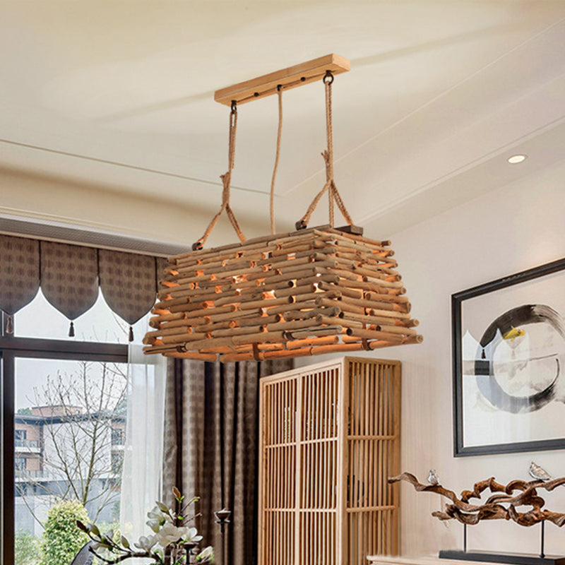 Japanese Trapezoid Pendant Chandelier Wood 3 Heads Hanging Ceiling Light in Brown for Dining Room Brown Clearhalo 'Ceiling Lights' 'Chandeliers' Lighting' options 369836_3e7fd8be-aa6b-4bd6-9651-8737edeee6a6