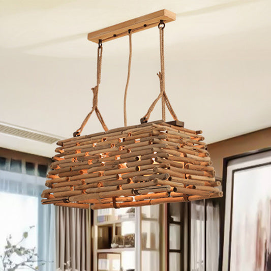 Japanese Trapezoid Pendant Chandelier Wood 3 Heads Hanging Ceiling Light in Brown for Dining Room Clearhalo 'Ceiling Lights' 'Chandeliers' Lighting' options 369837