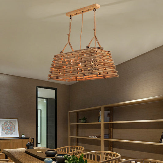 Japanese Trapezoid Pendant Chandelier Wood 3 Heads Hanging Ceiling Light in Brown for Dining Room Clearhalo 'Ceiling Lights' 'Chandeliers' Lighting' options 369838