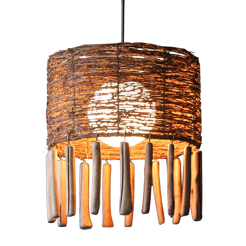 Rattan Drum Ceiling Lamp Asia 1 Bulb Brown Hanging Light Fixture with Globe Milky Glass Shade Clearhalo 'Ceiling Lights' 'Pendant Lights' 'Pendants' Lighting' 369843