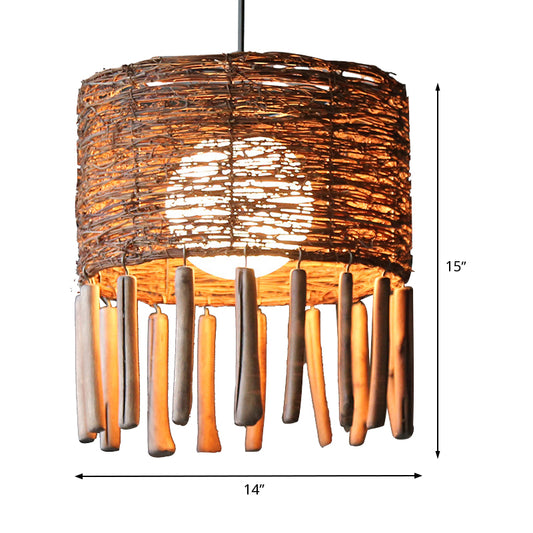 Rattan Drum Ceiling Lamp Asia 1 Bulb Brown Hanging Light Fixture with Globe Milky Glass Shade Clearhalo 'Ceiling Lights' 'Pendant Lights' 'Pendants' Lighting' 369845