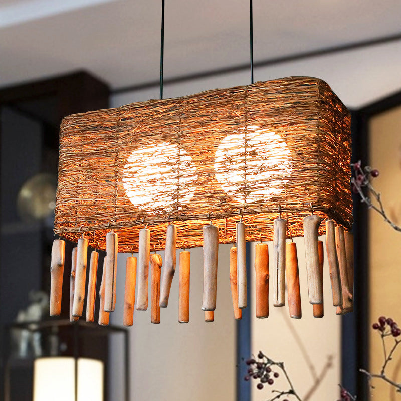 Rectangle Rattan Chandelier Light Chinese 2 Bulbs Brown Suspended Lighting Fixture Brown Clearhalo 'Ceiling Lights' 'Chandeliers' Lighting' options 369846_96833667-4b4f-451b-ab46-707b84906bf2