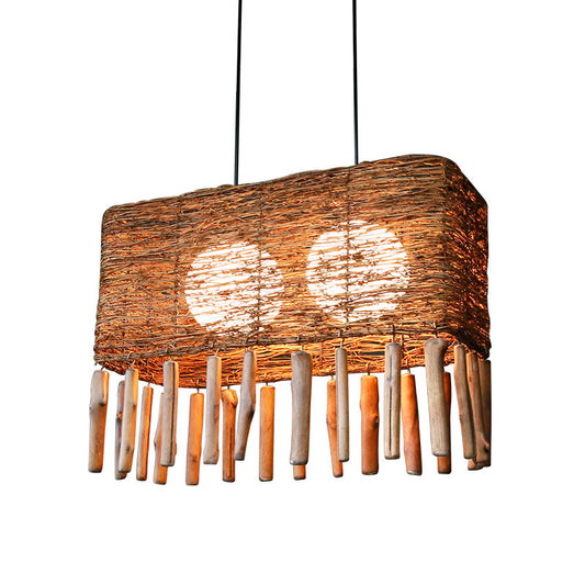 Rectangle Rattan Chandelier Light Chinese 2 Bulbs Brown Suspended Lighting Fixture Clearhalo 'Ceiling Lights' 'Chandeliers' Lighting' options 369848