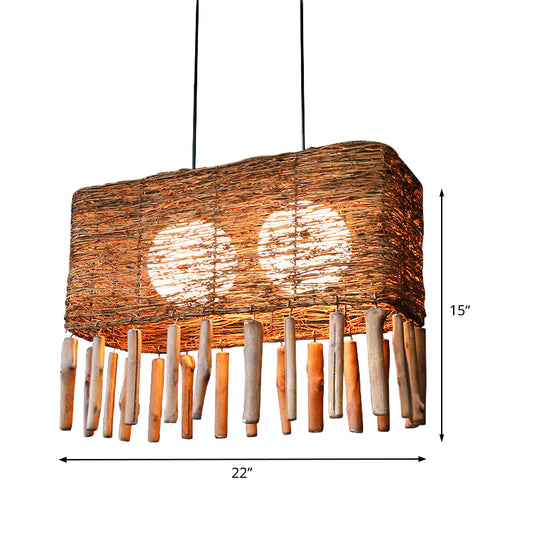 Rectangle Rattan Chandelier Light Chinese 2 Bulbs Brown Suspended Lighting Fixture Clearhalo 'Ceiling Lights' 'Chandeliers' Lighting' options 369850