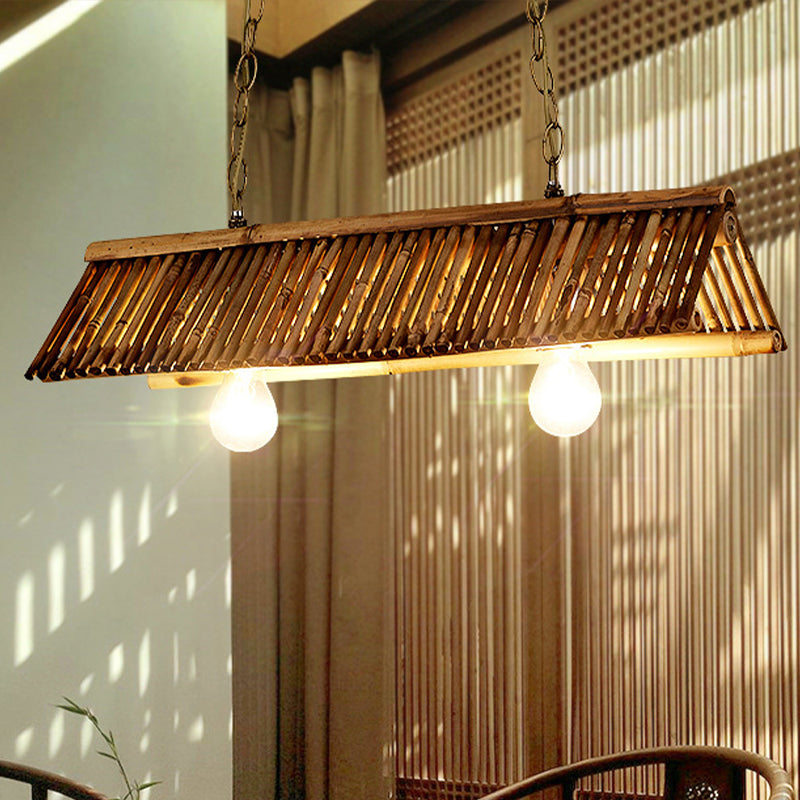 Triangular Island Light Chinese Bamboo 2 Heads Brown Pendant Lighting Fixture for Tearoom Clearhalo 'Ceiling Lights' 'Island Lights' Lighting' 369852